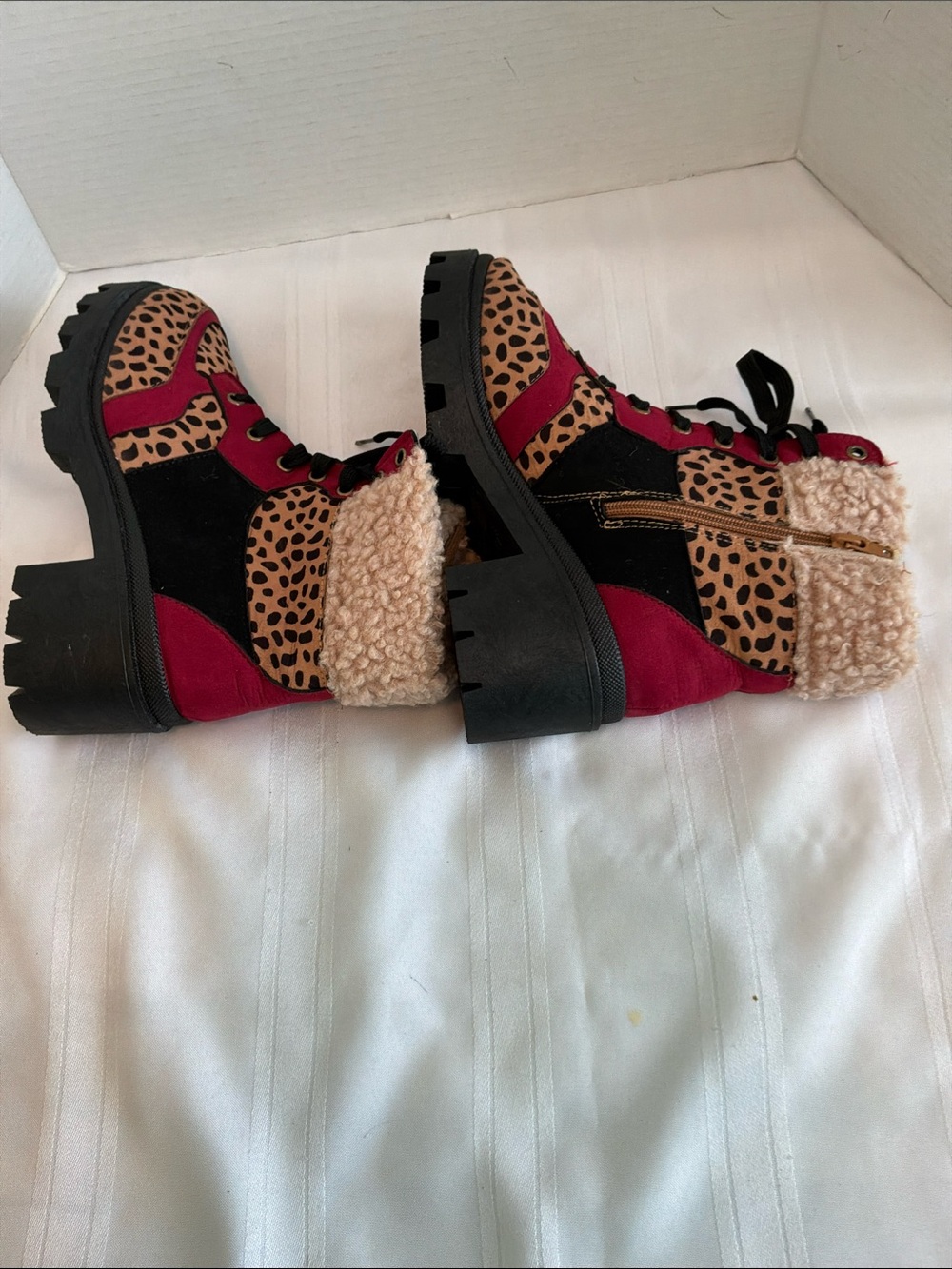 Rouge! Burgundy and Leopard Print Lace-Up Shearling Boots - Picture 3 of 5